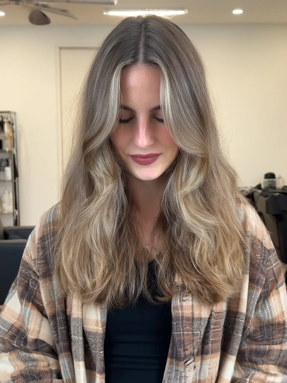 Air-Dried Ash Bronde Long Layers with Curtain Bangs